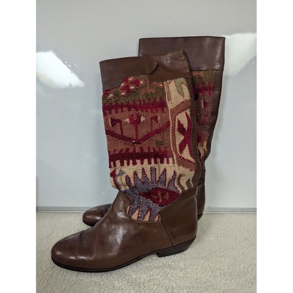 Vintage Kilim Leather Boots Handmade Moroccan Tapestry‎ Size 8/8.5 EU 38/39 Turk